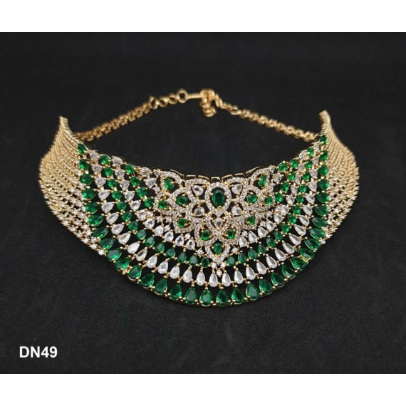 DN49GRGO Fashion jewellery wholesale online Women's trendy new style American Diamond Gold Plated Choker Set with Maang Tikka