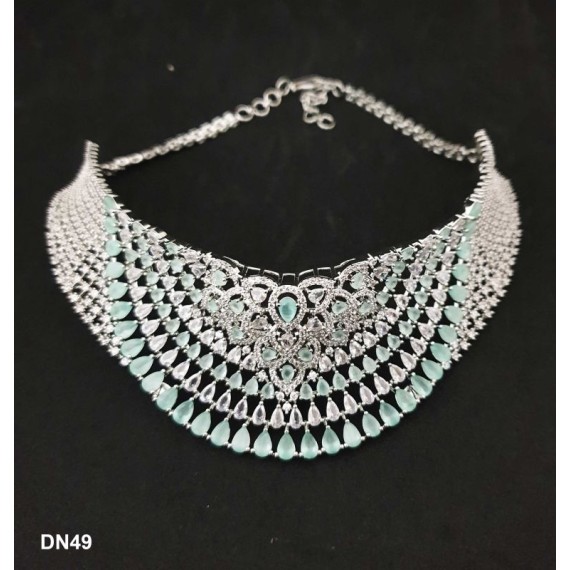 DN49MIRH Fashion jewellery wholesale online Women's trendy new style American Diamond Gold Plated Choker Set with Maang Tikka