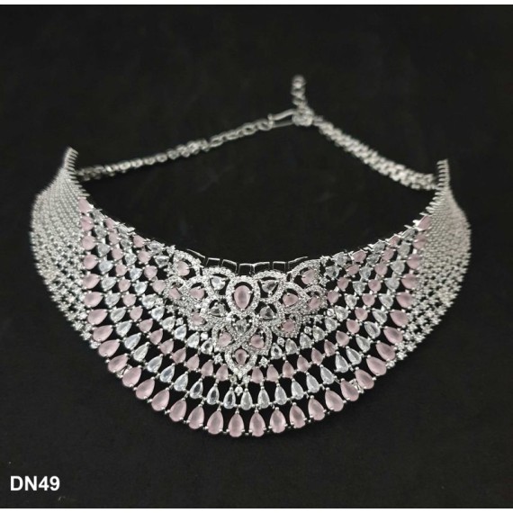 DN49PIRH Fashion jewellery wholesale online Women's trendy new style American Diamond Gold Plated Choker Set with Maang Tikka