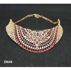 DN49REGO Fashion jewellery wholesale online Women's trendy new style American Diamond Gold Plated Choker Set with Maang Tikka