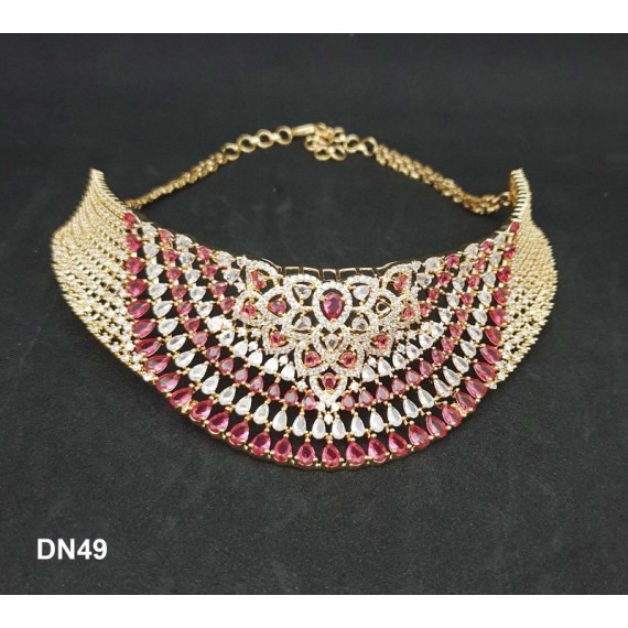 DN49REGO Fashion jewellery wholesale online Women's trendy new style American Diamond Gold Plated Choker Set with Maang Tikka