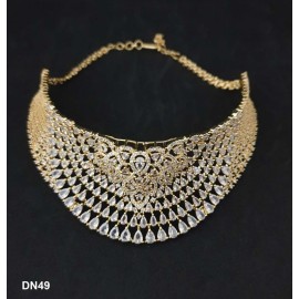 DN49WHGO Fashion jewellery wholesale online Women's trendy new style American Diamond Gold Plated Choker Set with Maang Tikka