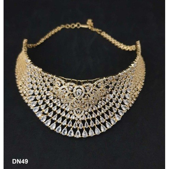 DN49WHGO Fashion jewellery wholesale online Women's trendy new style American Diamond Gold Plated Choker Set with Maang Tikka