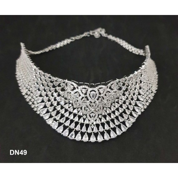 DN49WHRH Fashion jewellery wholesale online Women's trendy new style American Diamond Gold Plated Choker Set with Maang Tikka