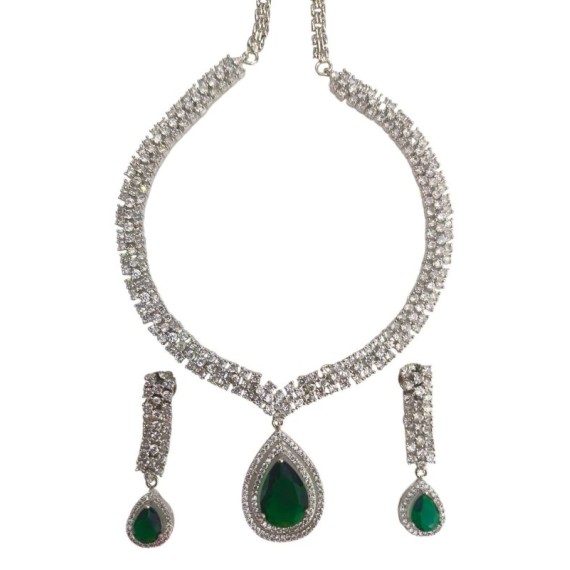 Elegant Bridal Necklace Set with Teardrop Pendant and Earrings in Cubic Zirconia - Luxury Silver Finish DN53GRRH