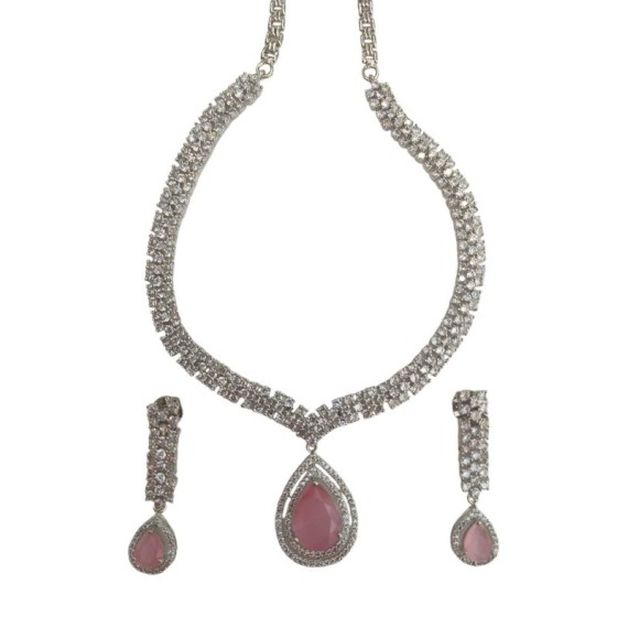 Elegant Bridal Necklace Set with Teardrop Pendant and Earrings in Cubic Zirconia - Luxury Silver Finish DN53PIRH