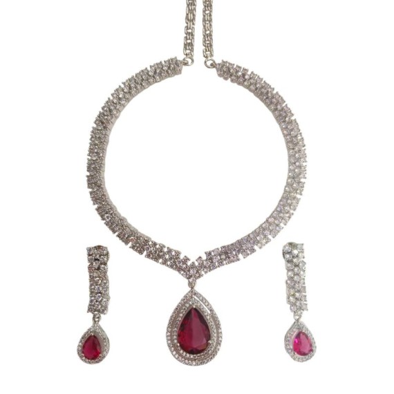 Elegant Bridal Necklace Set with Teardrop Pendant and Earrings in Cubic Zirconia - Luxury Silver Finish DN53RERH