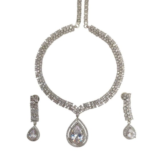 Elegant Bridal Necklace Set with Teardrop Pendant and Earrings in Cubic Zirconia - Luxury Silver Finish DN53WHRH