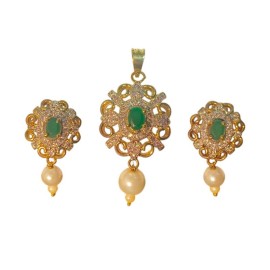 Gold Plated Emerald Stone Pendant Set with Pearl Drops and Matching Earrings | D226GRGO
