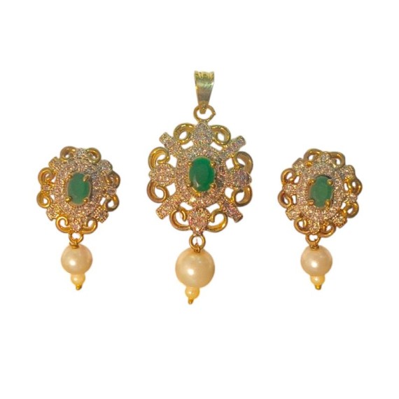 Gold Plated Emerald Stone Pendant Set with Pearl Drops and Matching Earrings | D226GRGO