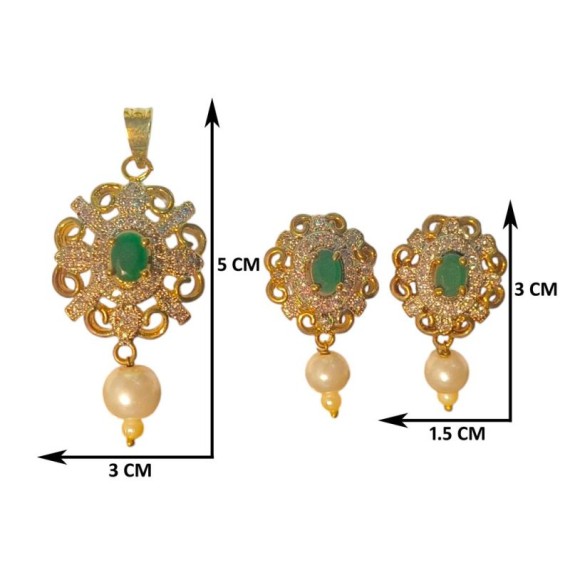Gold Plated Emerald Stone Pendant Set with Pearl Drops and Matching Earrings | D226GRGO