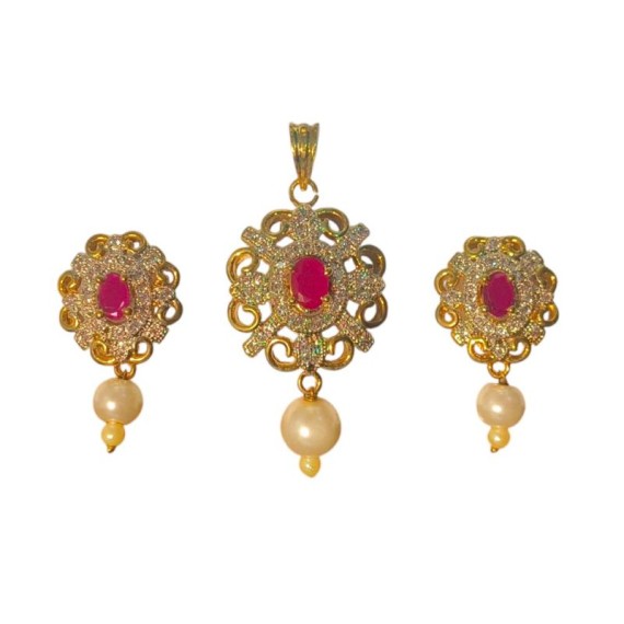 Gold Plated Ruby Stone Pendant Set with Pearl Drops and Matching Earrings | D226REGO