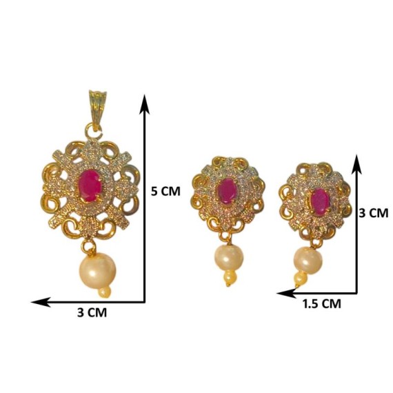 Gold Plated Ruby Stone Pendant Set with Pearl Drops and Matching Earrings | D226REGO