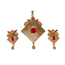 American Diamond Lattice Pendant Set – Gold Finish with Central Gem D525REGO