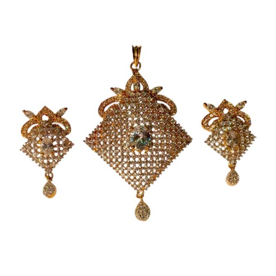 American Diamond Lattice Pendant Set – Gold Finish with Central Gem D525WHGO