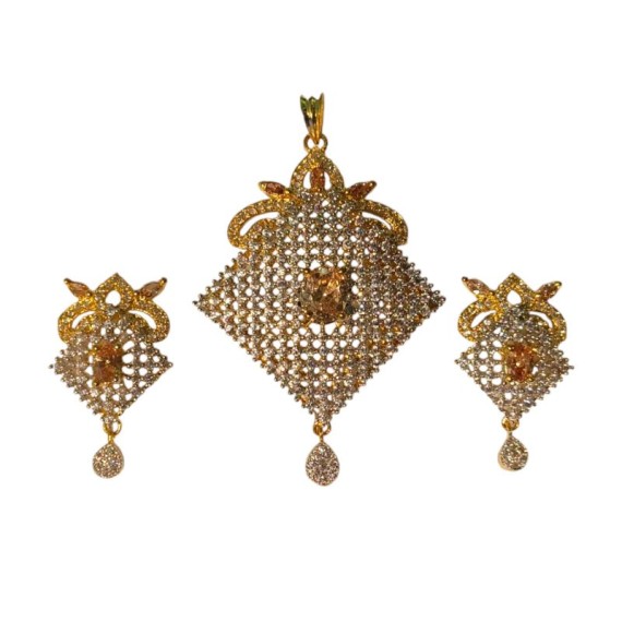 American Diamond Lattice Pendant Set – Gold Finish with Central Gem D525YEGO