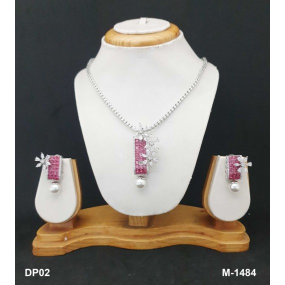 DP02RERH Designer artificial american diamond gold plated pendent set
