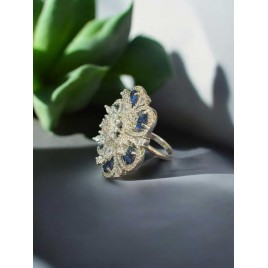 Luxury Cubic Zirconia Floral Statement Ring for Women | Adjustable Size, Elegant Design, Perfect for Parties & Weddings | DR01BLRH