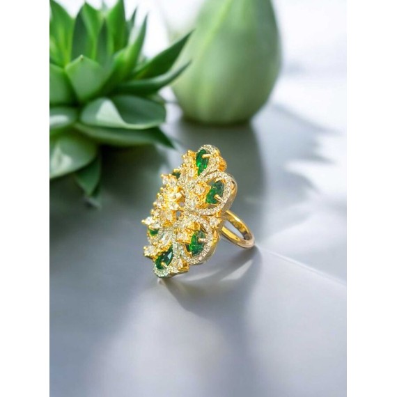 Luxury Cubic Zirconia Floral Statement Ring for Women | Adjustable Size, Elegant Design, Perfect for Parties & Weddings | DR01GRGO