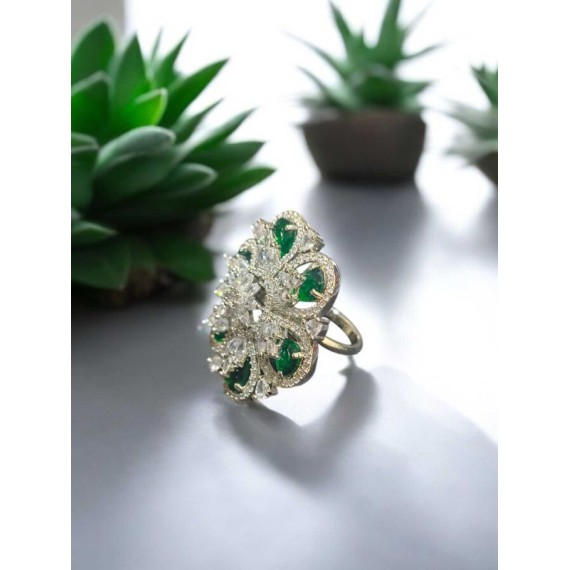 Luxury Cubic Zirconia Floral Statement Ring for Women | Adjustable Size, Elegant Design, Perfect for Parties & Weddings | DR01GRRH