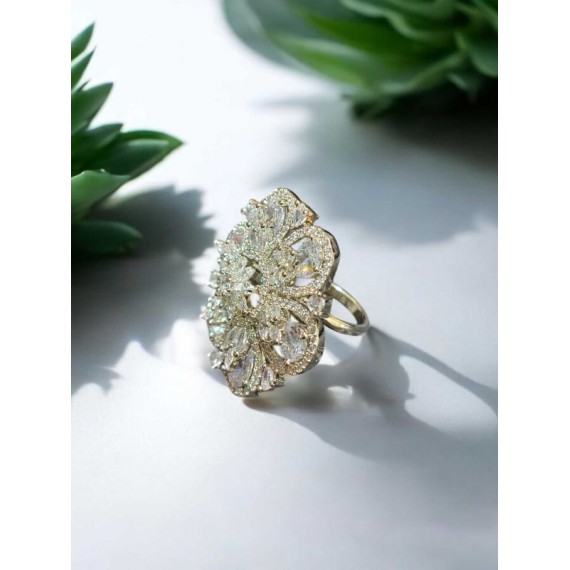 Luxury Cubic Zirconia Floral Statement Ring for Women | Adjustable Size, Elegant Design, Perfect for Parties & Weddings | DR01WHRH