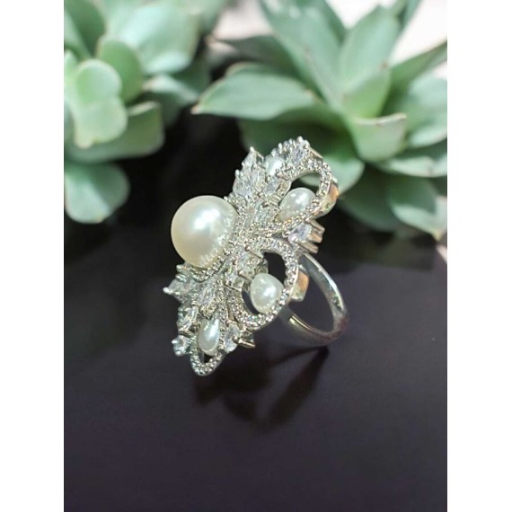 Regal Pearl & Zircon Cocktail Ring |American Diamond ring for woman | DR04WHRH