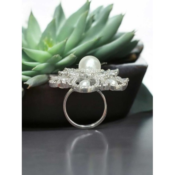 Regal Pearl & Zircon Cocktail Ring |American Diamond ring for woman | DR04WHRH