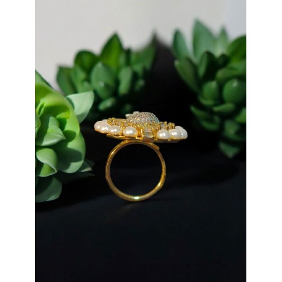 Elegant Pearl & Cubic Zirconia Designer Ring |Cocktail Ring for women | DR10WHGO