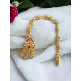 Traditional Gold Plated Forehead Mang Tikka with Red & Green Stone Design – Ethnic Bridal Jewelry | D742REGO
